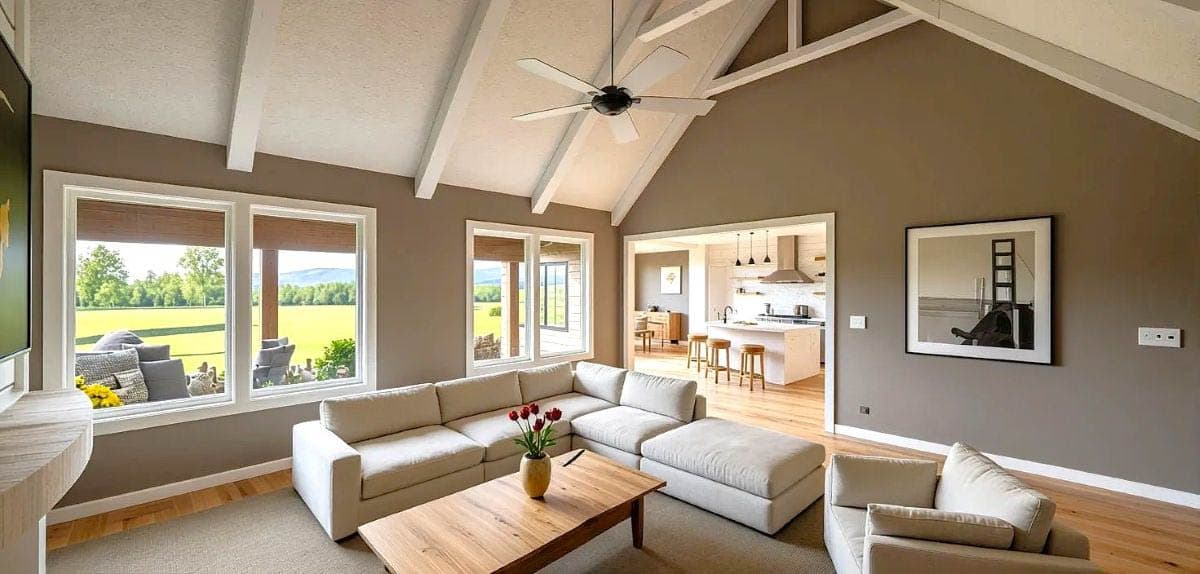 Open concept living area with vaulted ceilings, exposed beams, large windows, and view into modern kitchen.