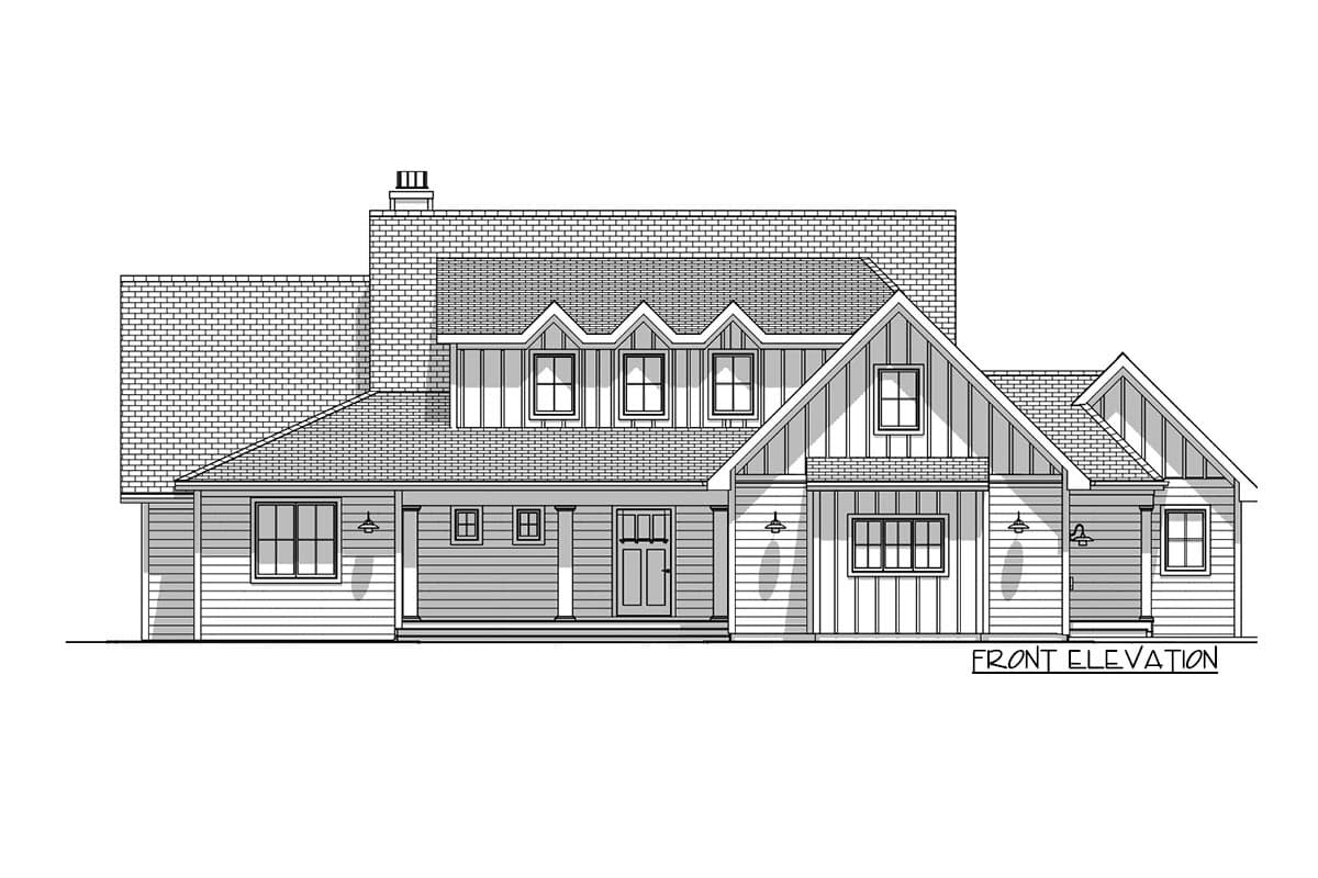 Front elevation drawing of a two-story house plan with dormers, gables, and a covered porch.