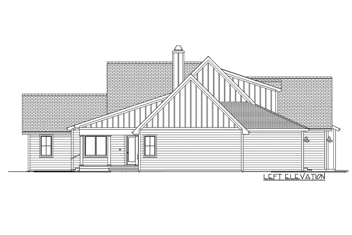 Left elevation drawing of a house plan featuring a gable roof, vertical siding, and multiple windows.