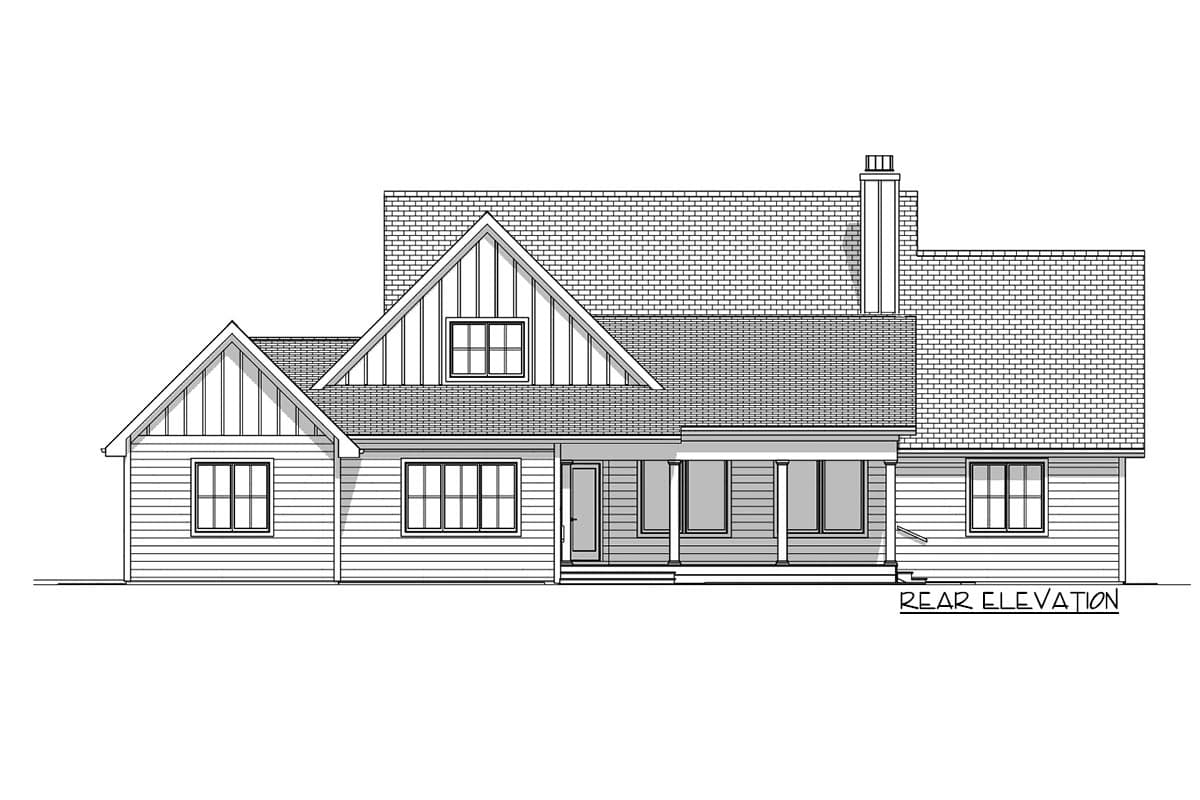 House plan rear elevation showing a two-story home with gables, siding, a covered porch, and a chimney.