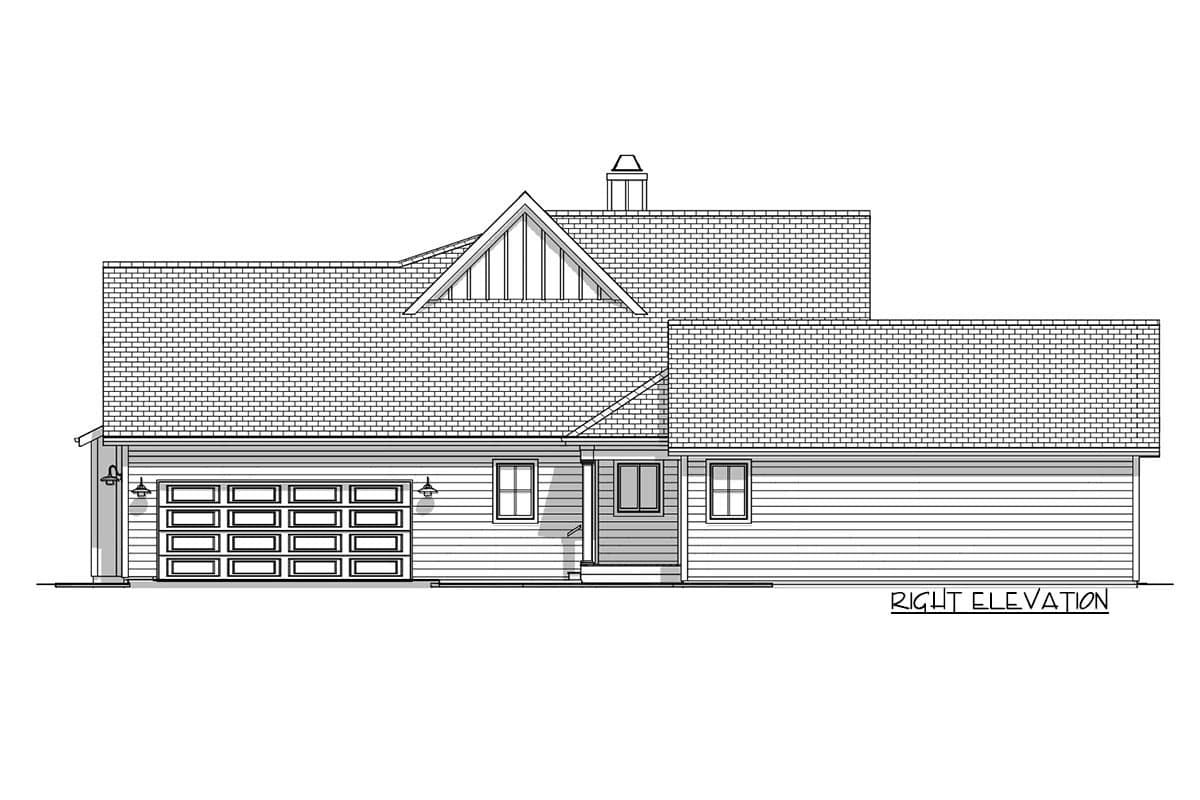House plan right elevation with a large gable dormer, multi-pane garage door, and pitched rooflines.