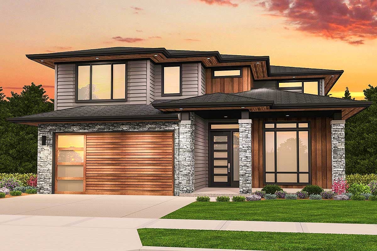 House plan exterior. Two-story modern style with flat rooflines, a wood-clad garage door, and stone accents at entryway and garage.