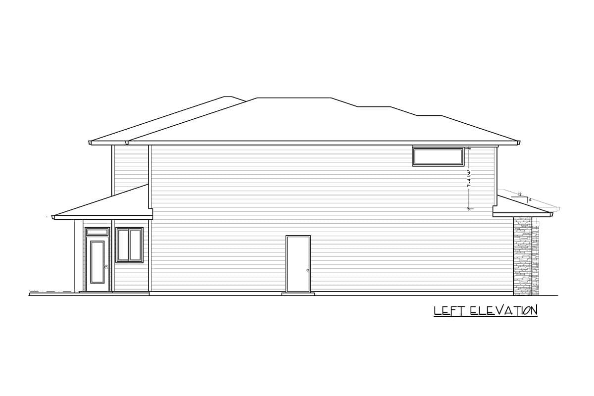 Left elevation house plan shows a two-story building with horizontal siding, a covered entry, and stone accent pillars.