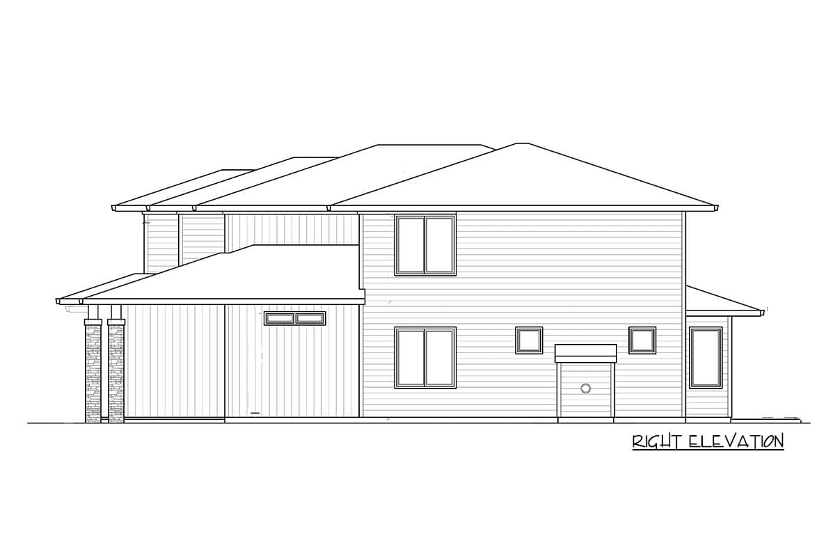 Right elevation house plan showing a two-story structure with lap siding, gabled rooflines, covered porch with stone columns, and multiple windows.