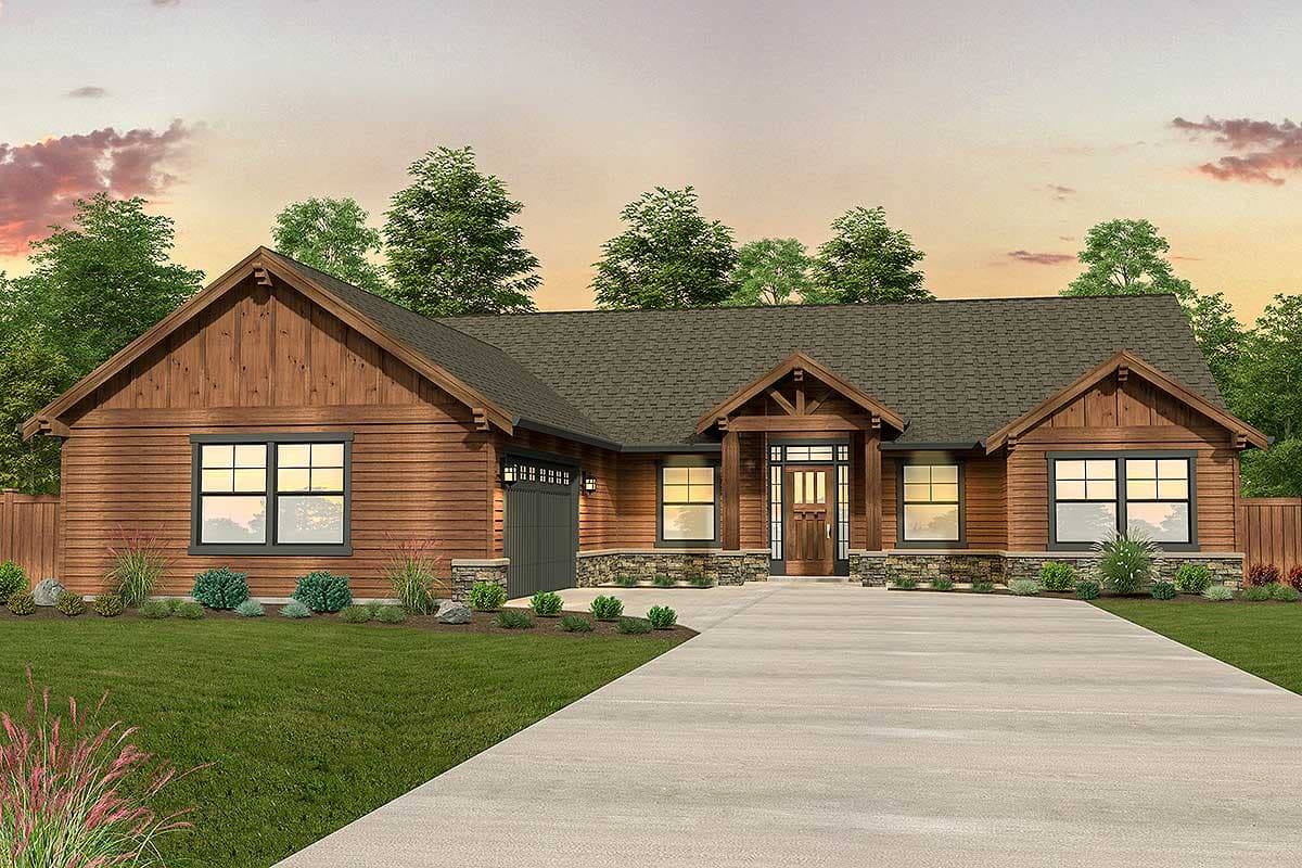 House plan exterior featuring a Craftsman style. One story with a front entry gable, a covered porch, and a side-entry garage.