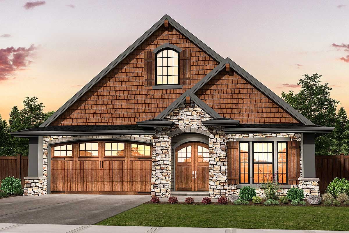 House plan exterior. Craftsman style with stone facade. Features include a gabled roofline, arched entry, and a two-car garage.