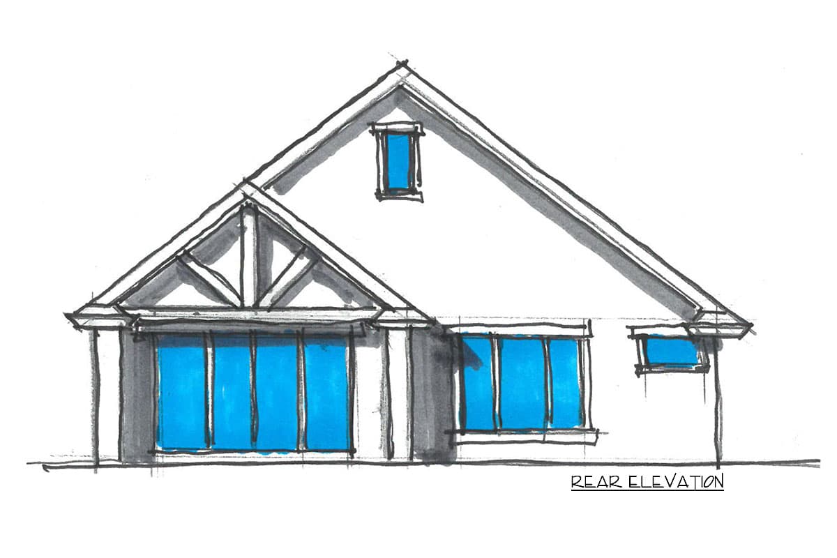 Rear elevation house plan with a prominent gable, exposed rafter details, and large windows.