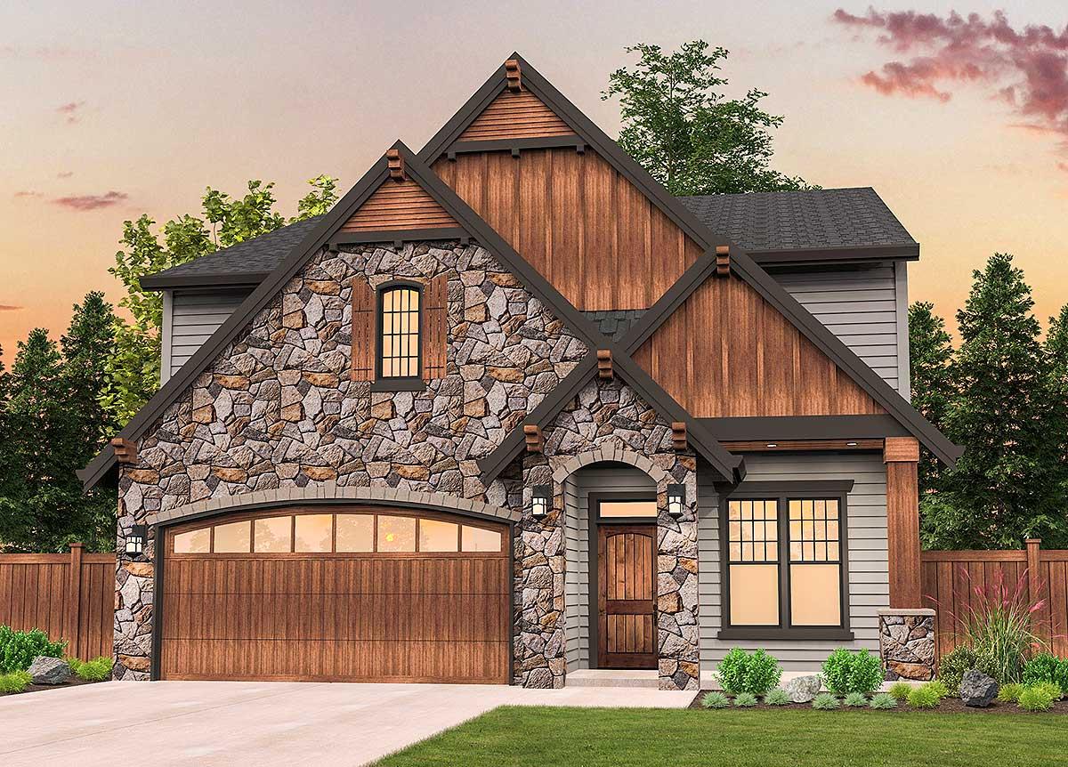 House plan exterior. Two-story home with stone facade and gabled roof. Features include an arched garage door and wooden accents.