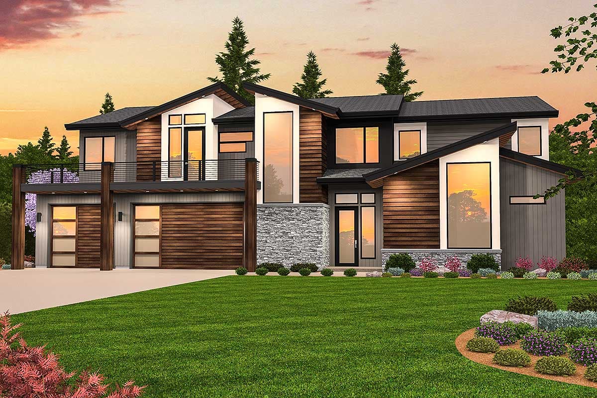 Modern house plan exterior with two stories, horizontal wood siding, stacked stone accents, and large vertical windows.