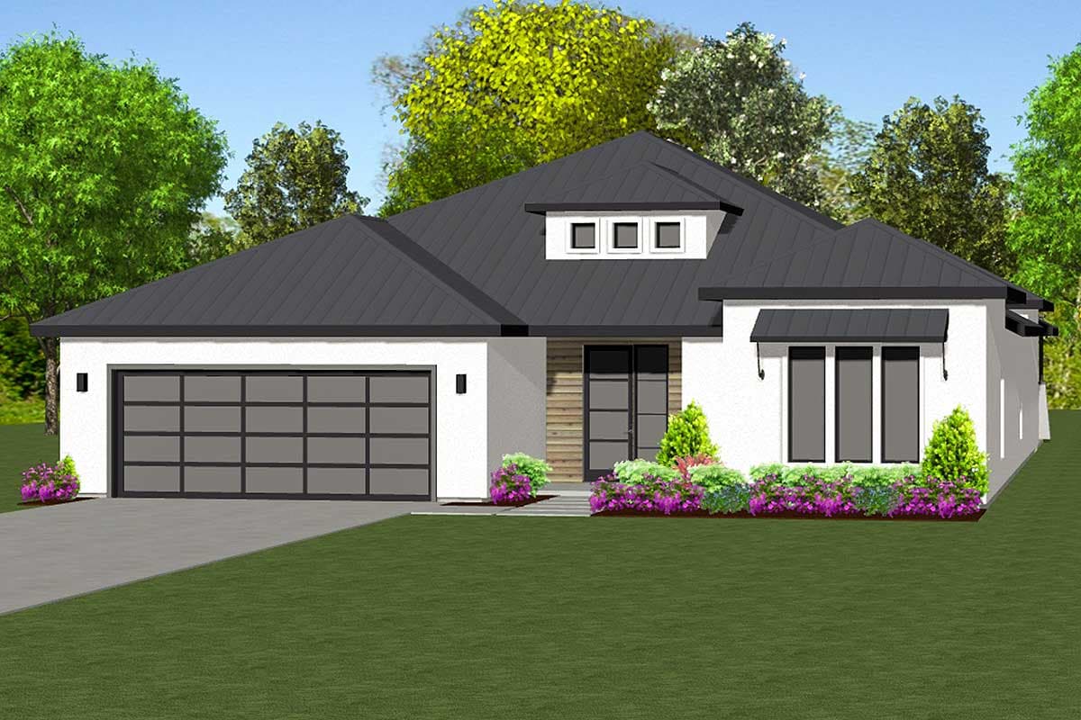 House plan exterior. Modern style, one-story home with a dark metal roof, three-light window, and a garage door.