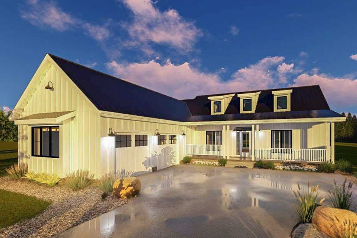 Modern farmhouse house plan exterior with board-and-batten siding, attached garage, front porch, and dormer windows.