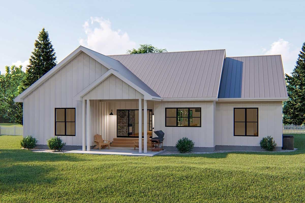 House plan exterior: Modern farmhouse style, one story, gabled roof, covered porch with entry.