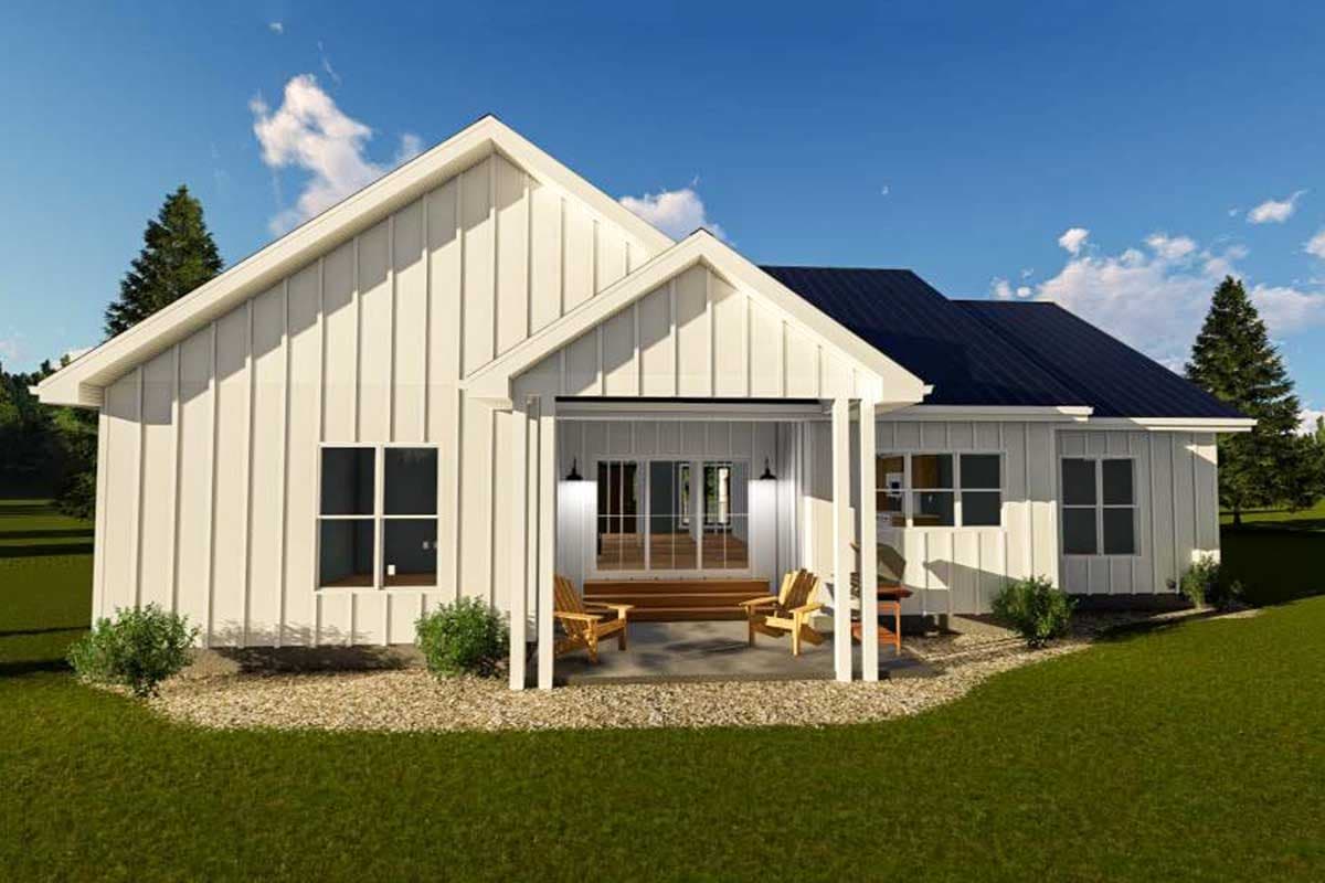 Modern Farmhouse house plan exterior with board and batten siding, a covered porch, and a dark metal roof.