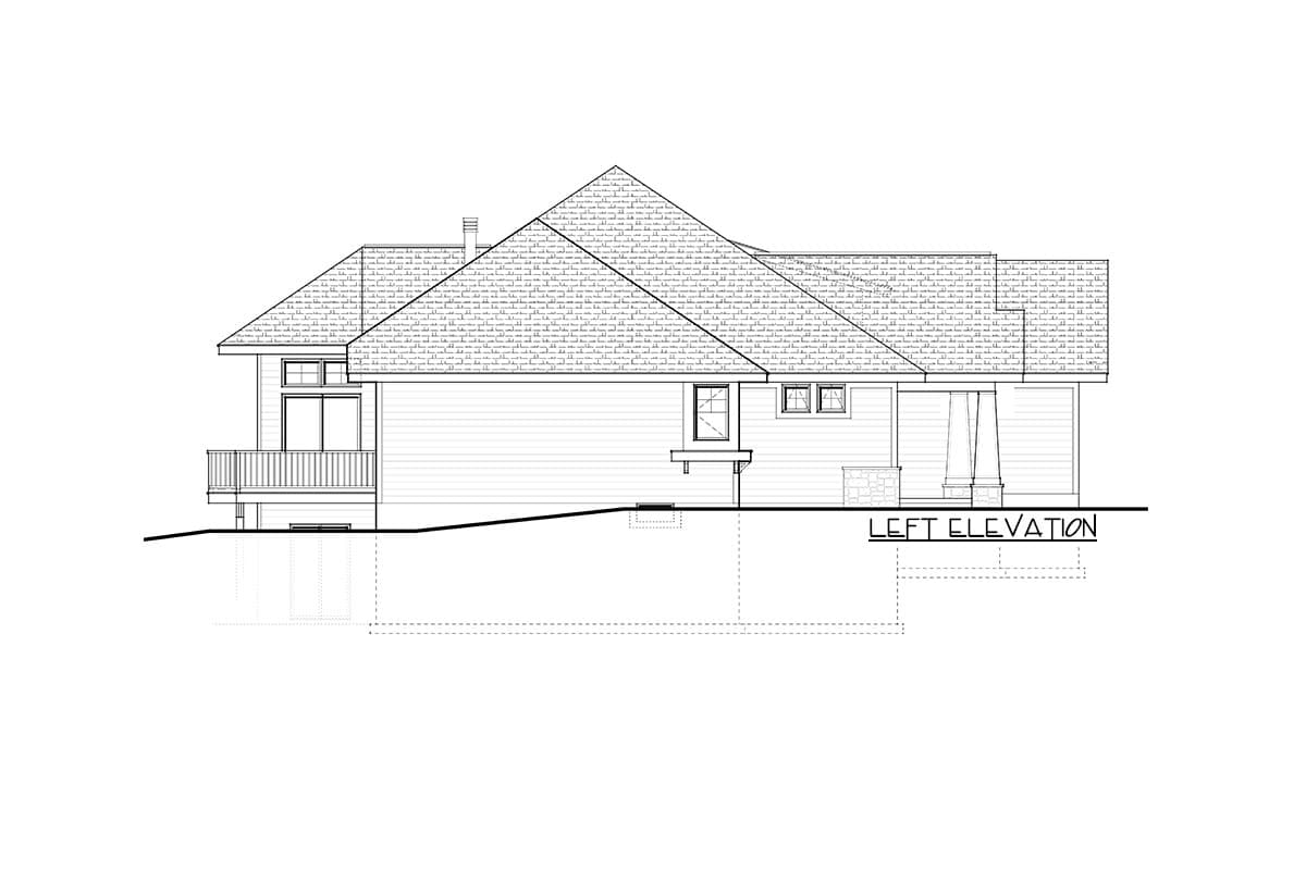 Left elevation drawing of a house plan, showing a deck, gabled roof, and horizontal siding.