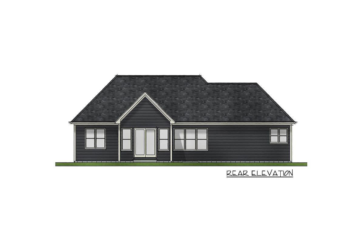 Rear elevation drawing of a single-story house with vinyl siding, a prominent gable, and multiple windows.