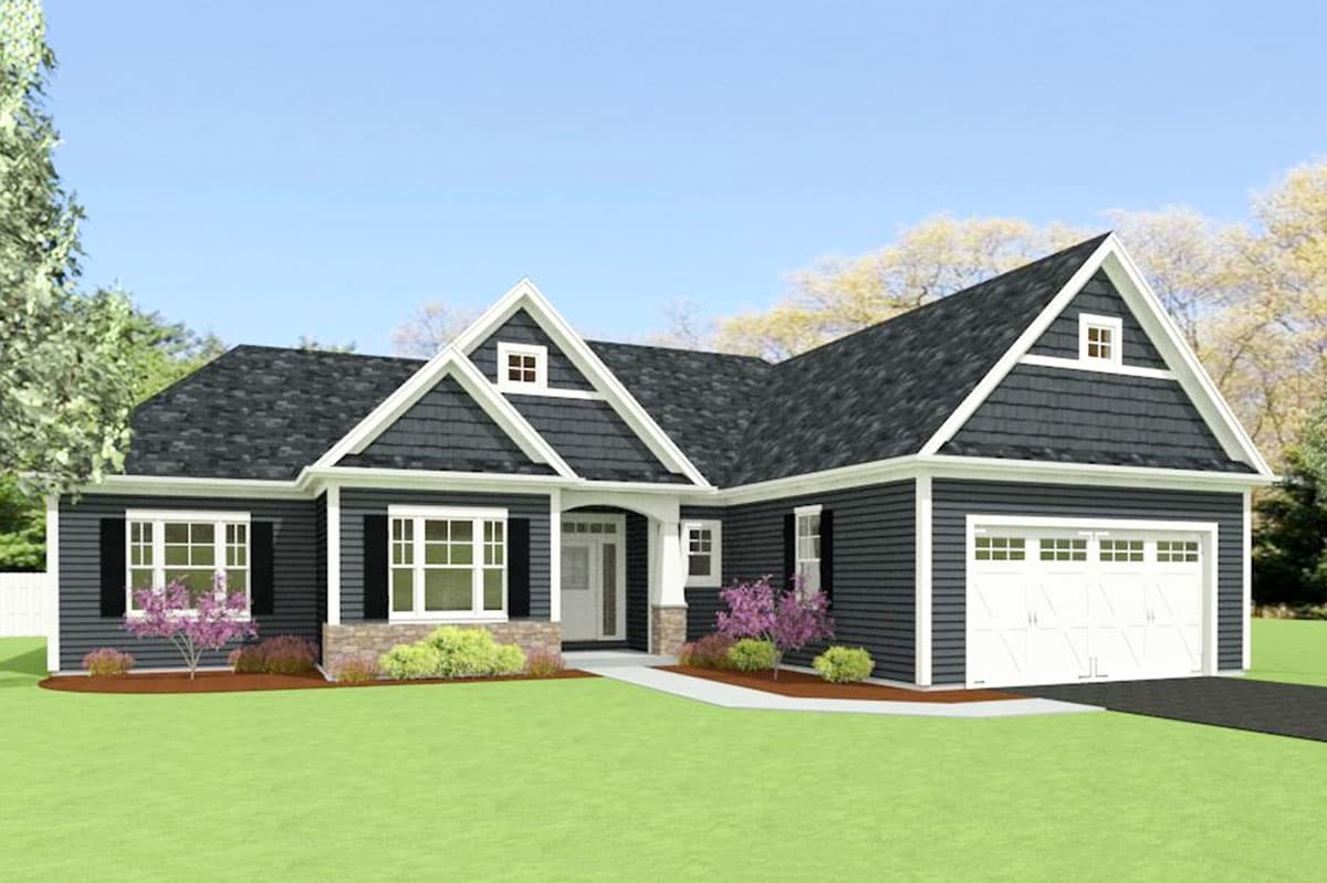 Modern Farmhouse house plan exterior with dark siding, prominent gables, a covered entry, and a two-car garage.