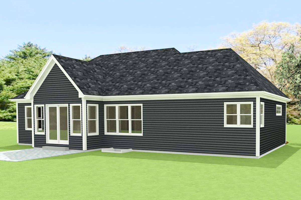 House plan exterior, one story, with a gable end, multiple windows, and French doors leading to a patio.