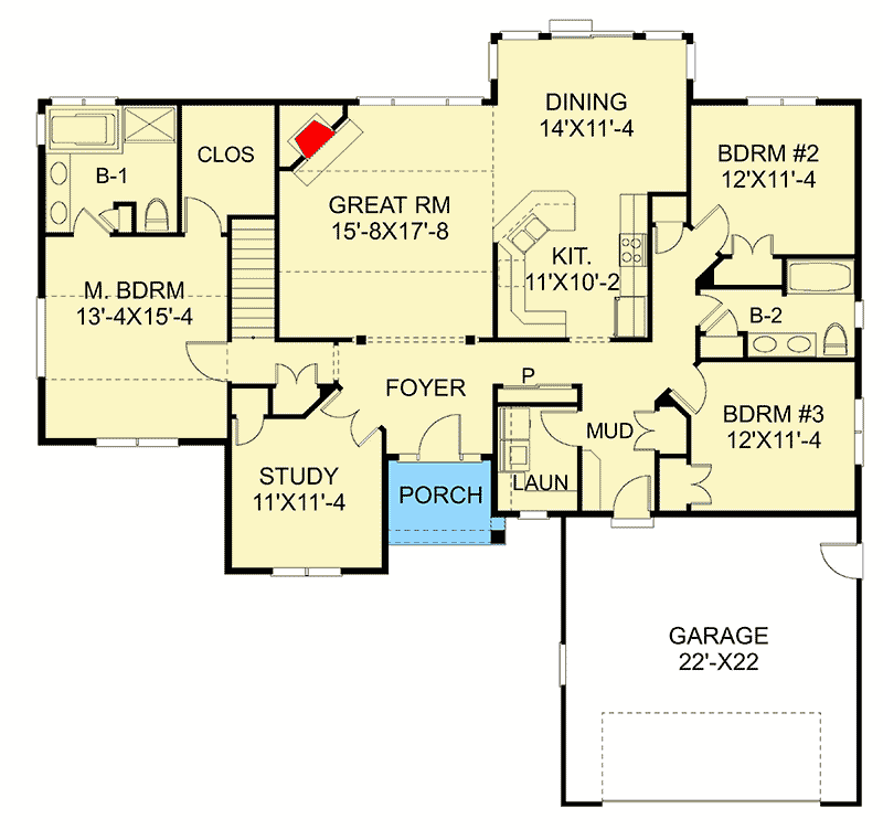 Plan 770001CED: Exclusive Three Bedroom Ranch with Split Bedroom Layout - Floor Plan - Main Level - Ranch, Southern, Traditional