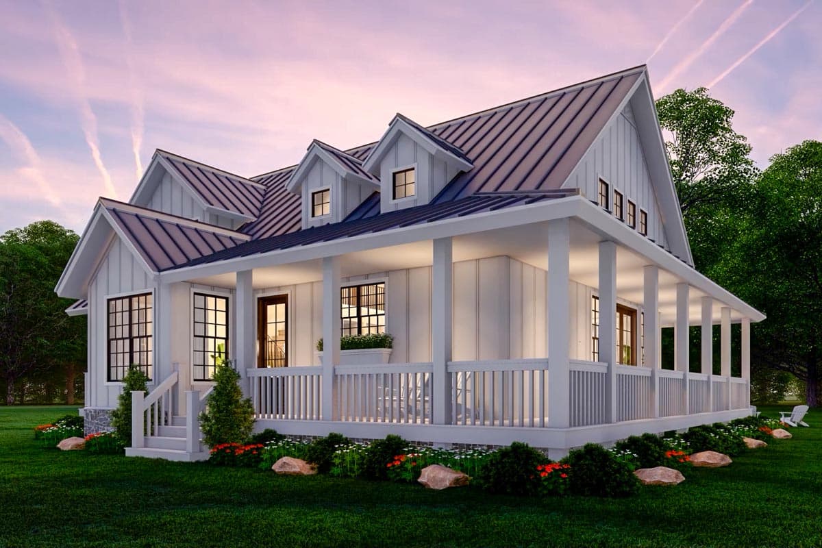 Modern Farmhouse house plan exterior with wraparound porch, metal roof, dormer windows, and board and batten siding.