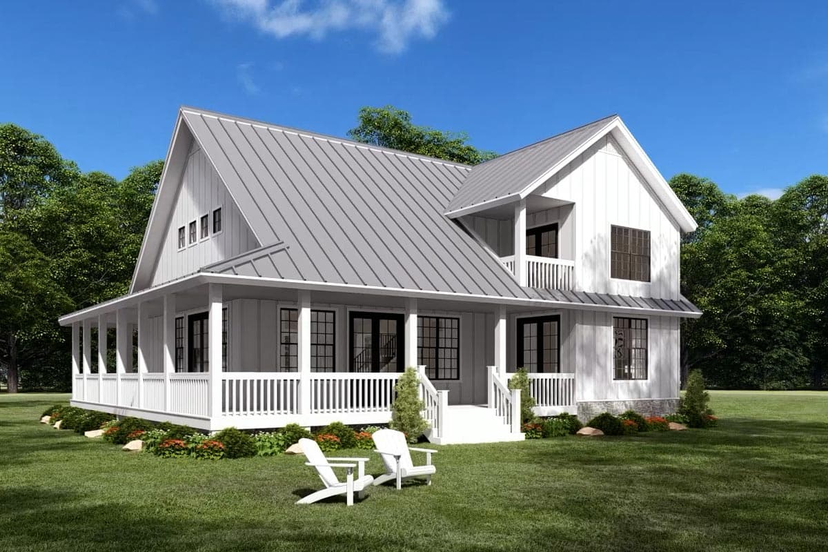 Modern farmhouse house plan exterior with wraparound porch, standing seam metal roof, gables, and second-story balcony.