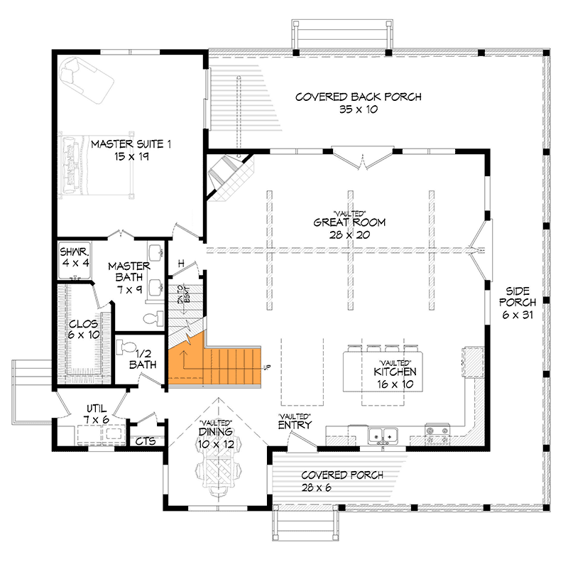 Plan 68505VR: Expanded 3-Bed Modern Farmhouse House Plan - 2095 Sq Ft - Floor Plan - Main Floor - Basement Stairs - Country, Craftsman, Farmhouse, Mountain, Rustic