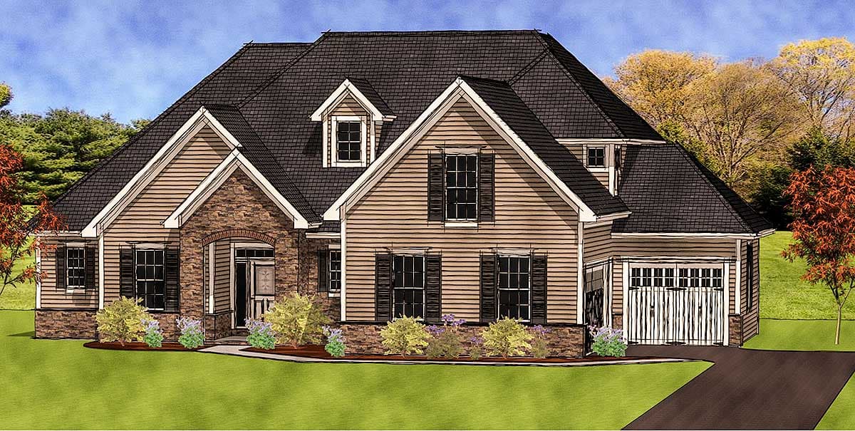 House plan exterior: Two-story home with side-entry garage, stone accents, dormer window, and covered entry.