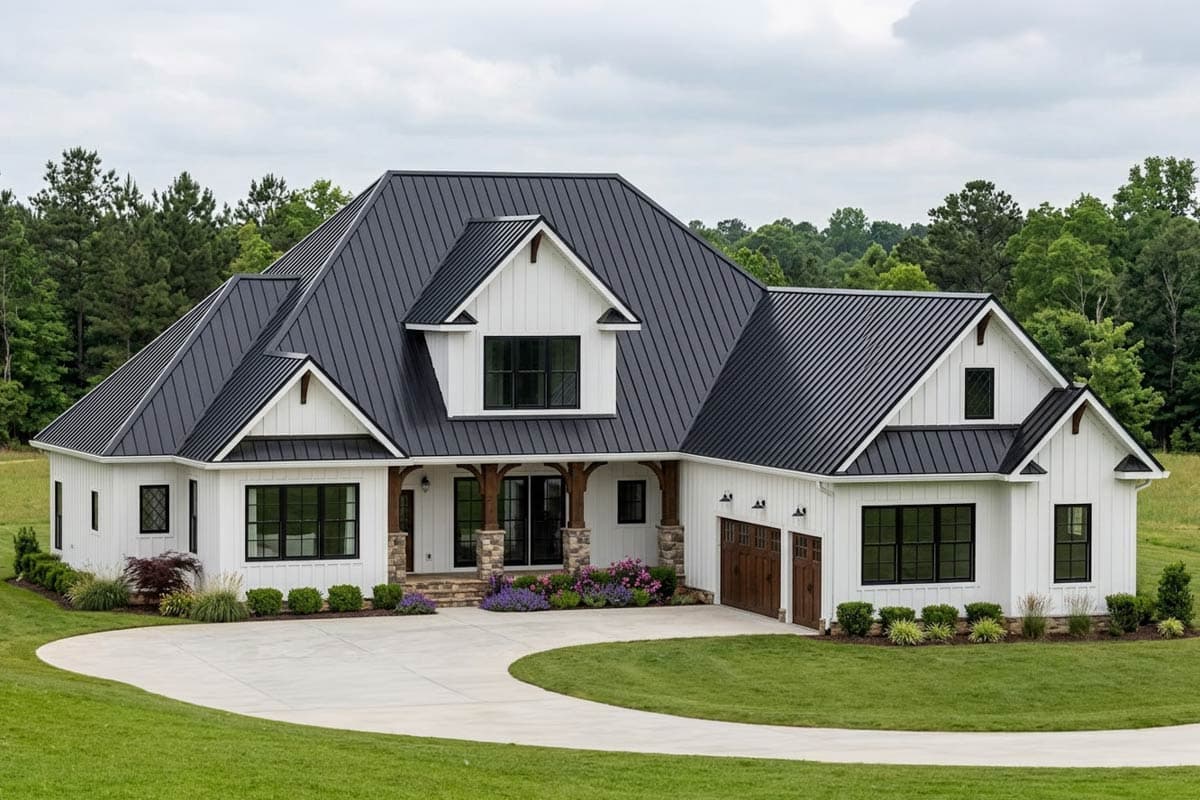 House plan exterior: Modern Farmhouse style, one-story. Features include a front porch with columns, gables, dormers, and a two-car garage.