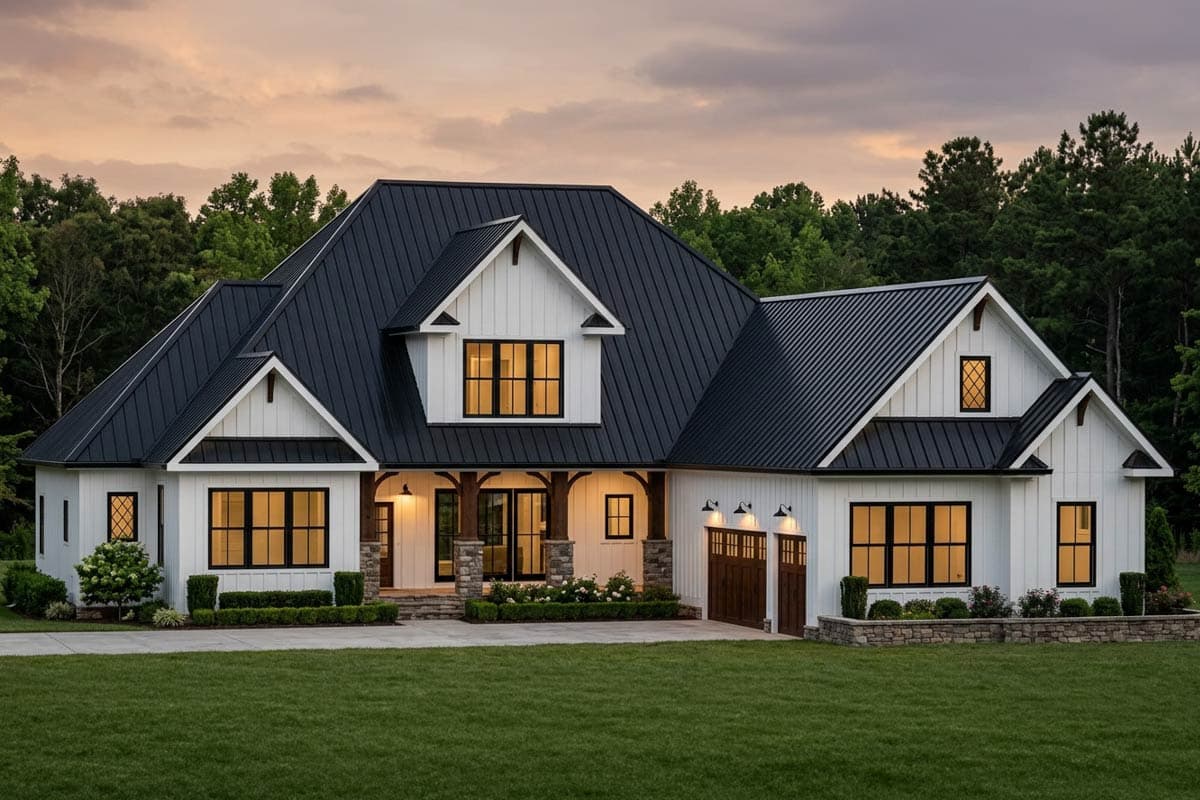 Modern Farmhouse house plan exterior with black metal roof, white siding, gables, and covered porch with stone fireplace.