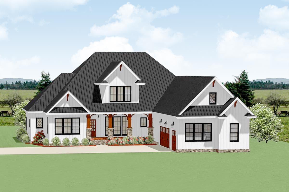 House plan exterior: Modern Farmhouse style, two stories, porch with timber posts, gabled dormers, metal roof, and side-entry garage.