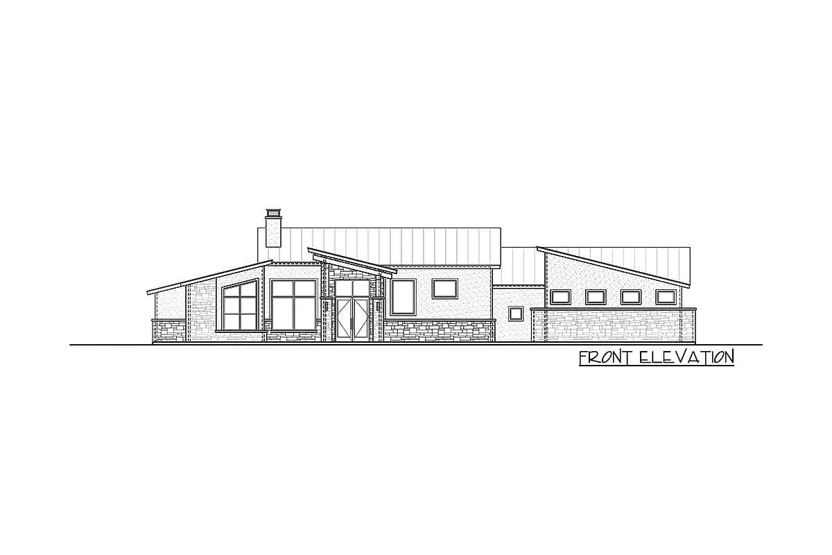 Front elevation drawing of a single-story house plan with a low-slope roof, stone accents, and prominent window features.