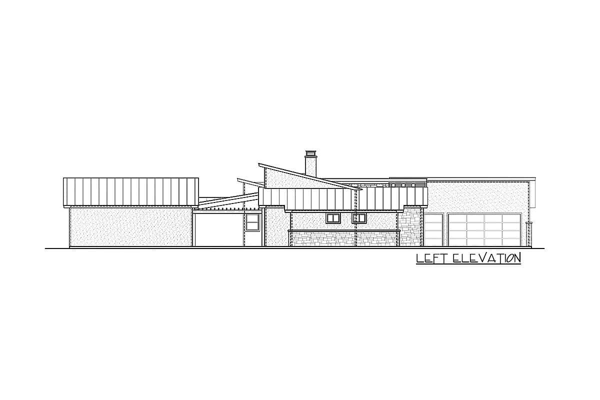 Left elevation drawing of a modern house plan with a sloped roofline, prominent chimney, and attached garage.