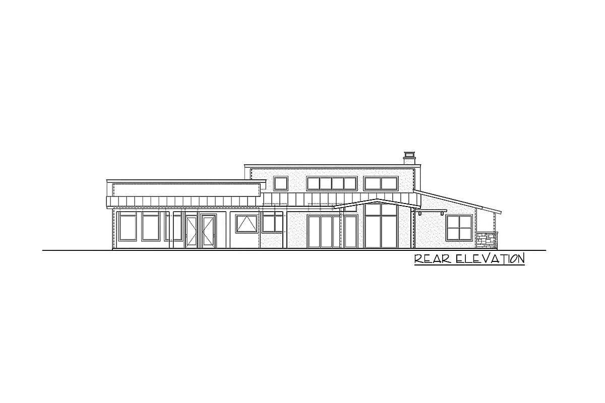 Rear elevation drawing of a two-story house plan with a flat roof, multiple windows, and a chimney.
