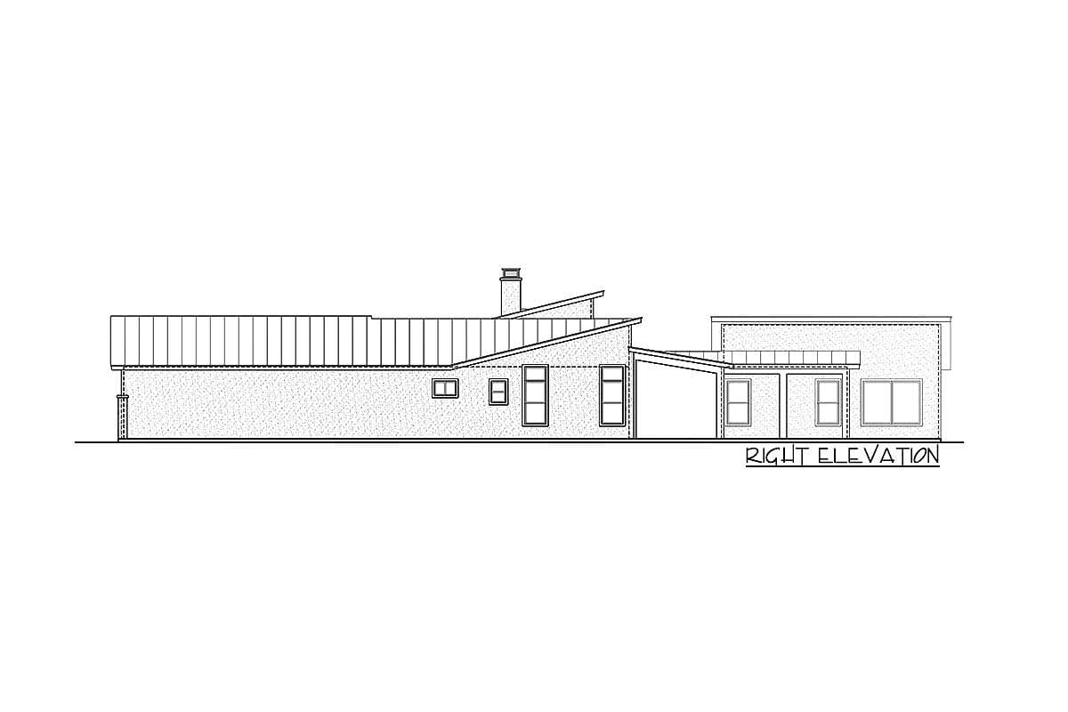 Right elevation drawing of a house plan featuring a multi-level roof, chimney, and attached garage.