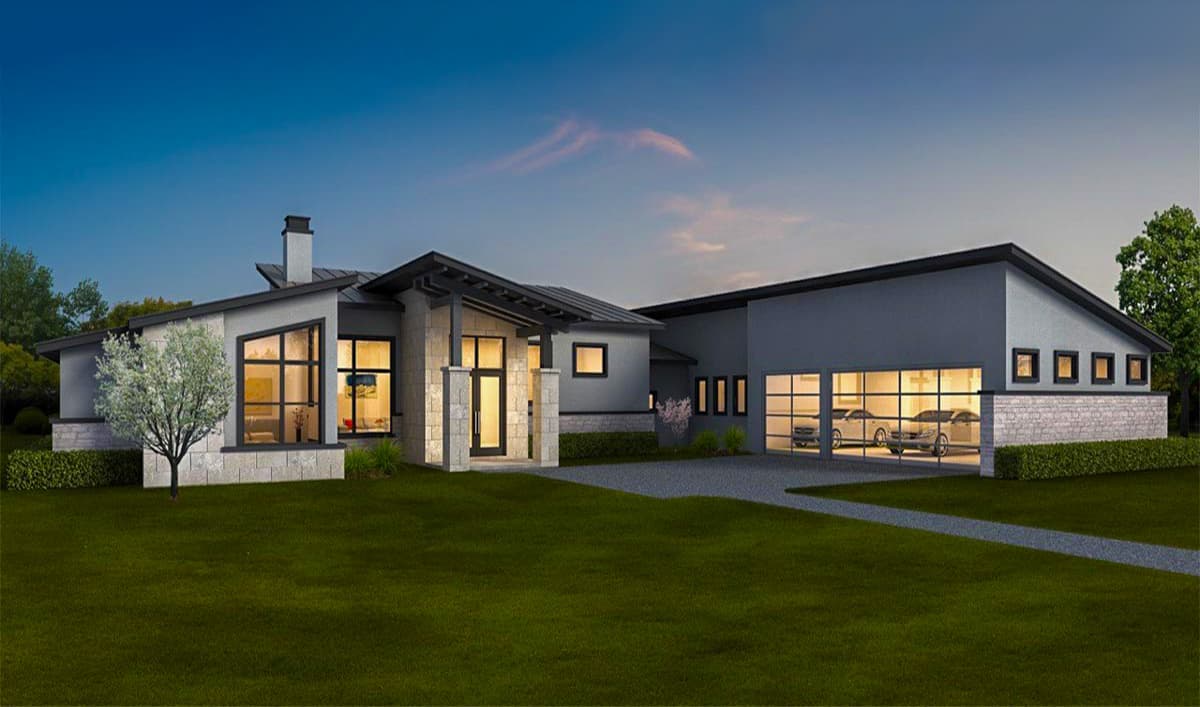 House plan exterior. Modern style, one story. Features include flat roof, stone facade, and attached garage with glass doors.