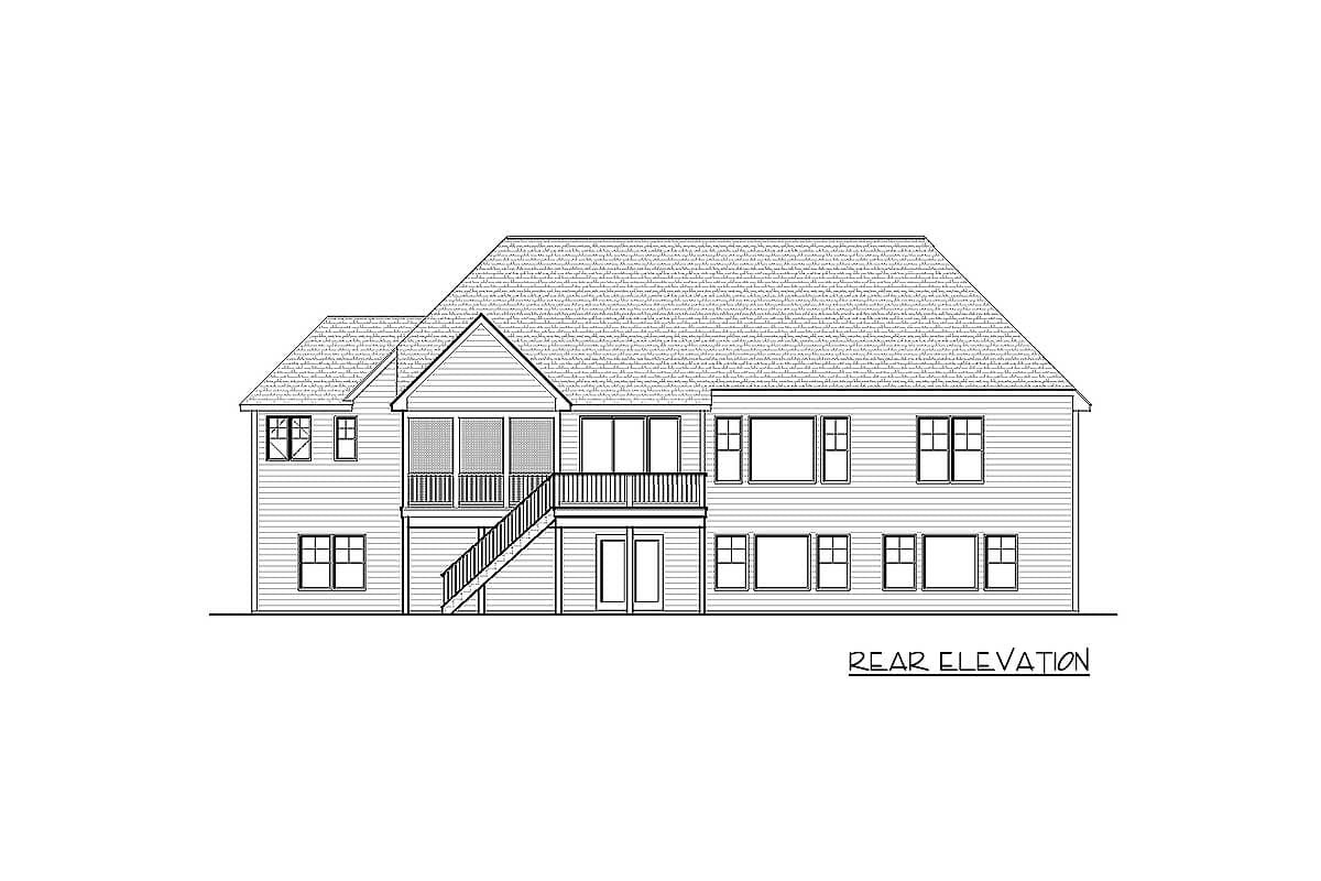 Rear elevation drawing of a house plan with a screened porch, deck, and multiple windows.