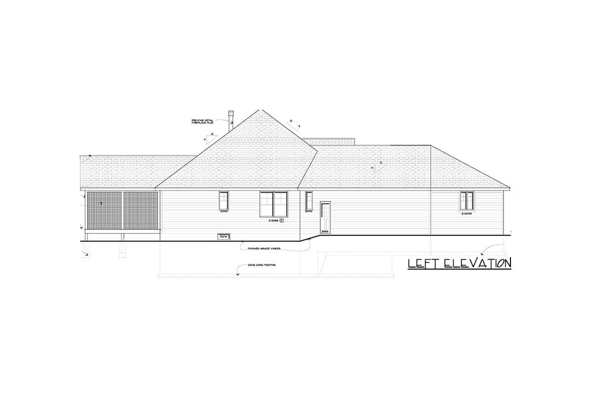 Left elevation house plan showing a screened porch, pitched rooflines, and horizontal siding.