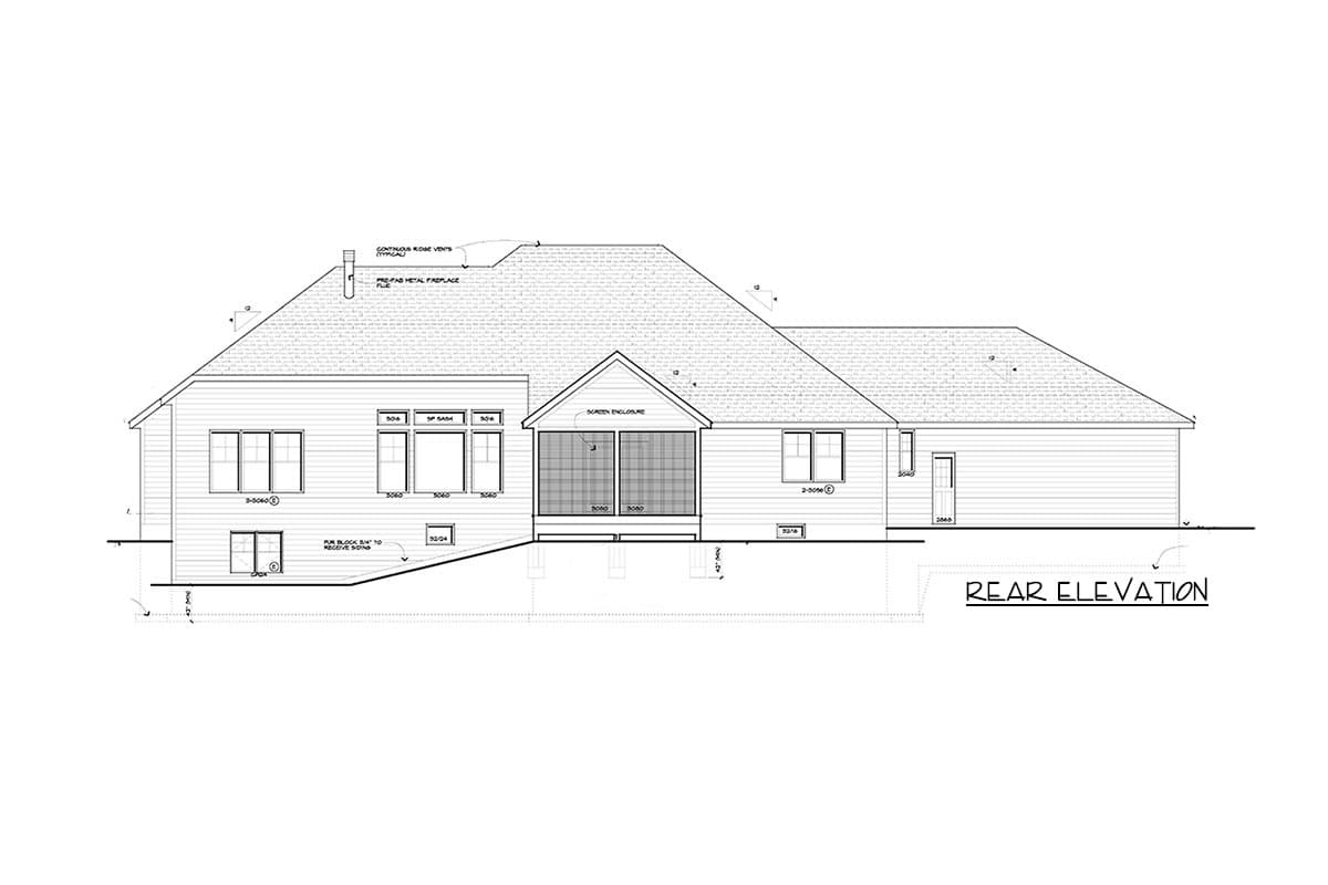 Rear elevation of a house plan with a screen enclosure, multiple windows, and a gabled roofline.