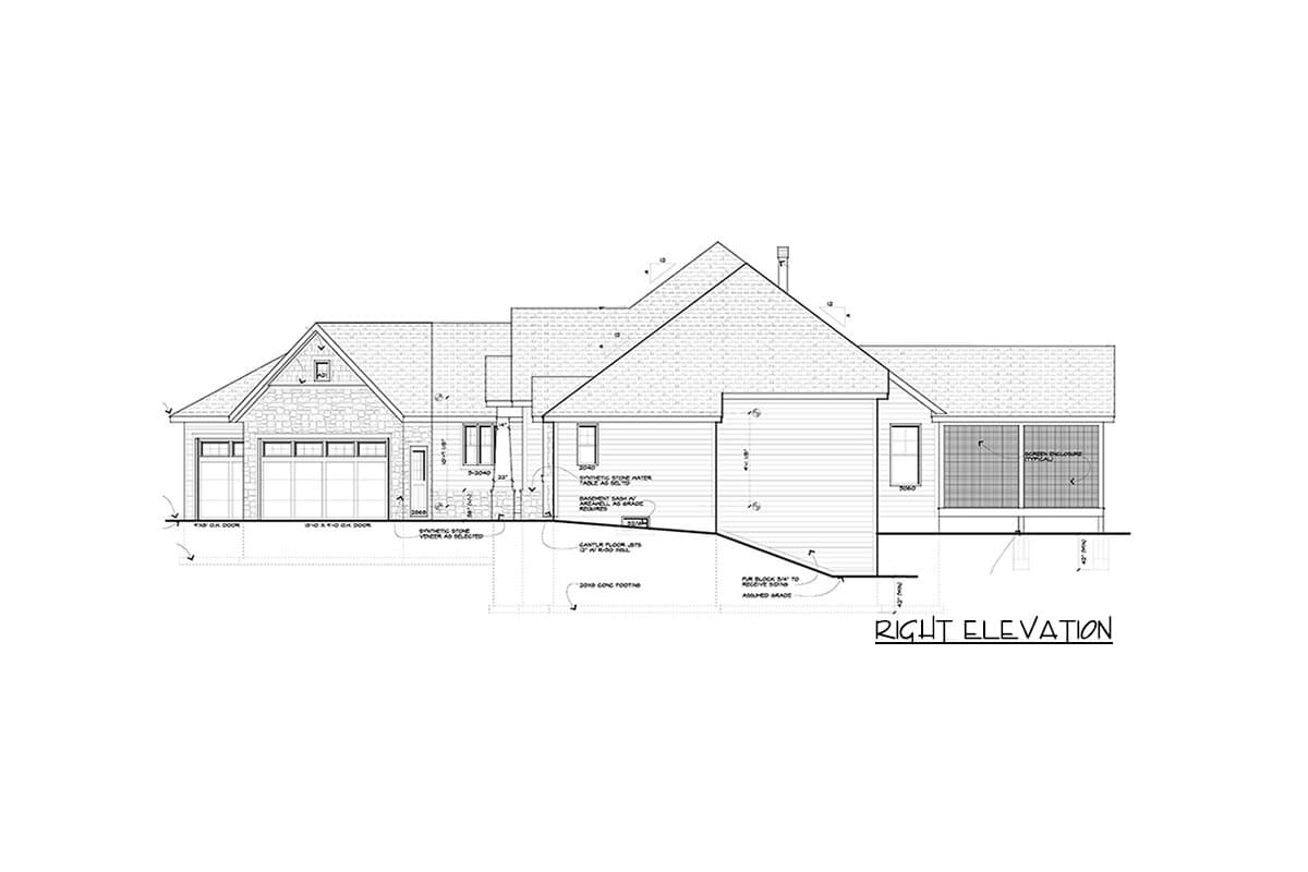 Architectural house plan right elevation showing a multi-story home with a stone front, siding, attached garage, and screened porch.