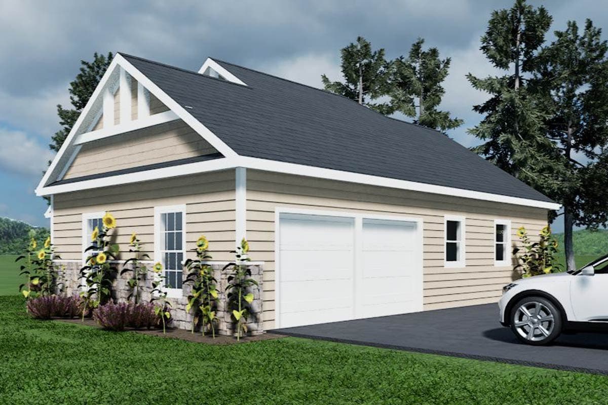 House plan exterior: Two-story garage with gable end trim, horizontal siding, stone base, and two double garage doors.