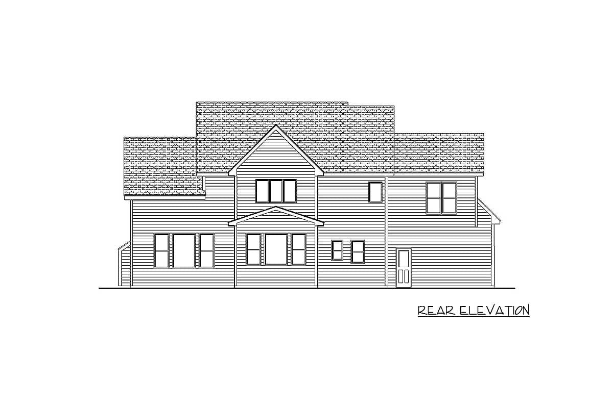 Rear elevation house plan drawing showing a two-story structure with horizontal siding, multiple gables, and numerous windows.