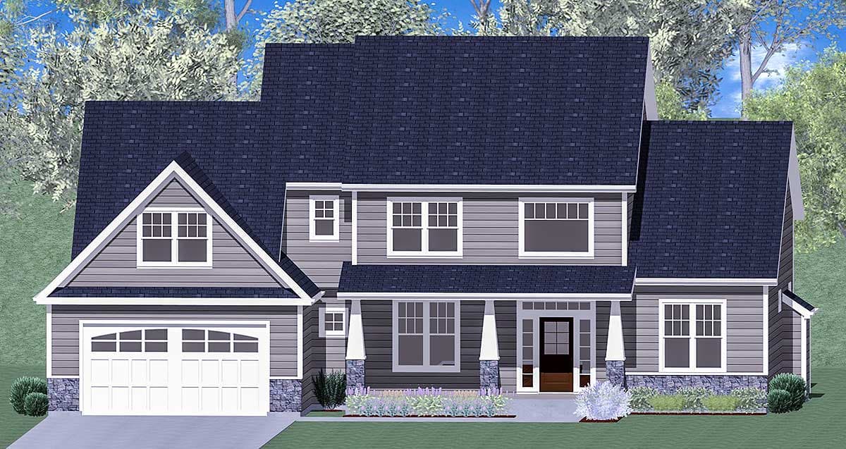 House plan exterior: Two-story home with a prominent gabled dormer, covered front porch with column supports, and a side-entry garage.
