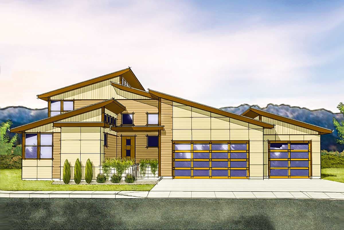 House plan exterior with asymmetric gables, multi-level rooflines, horizontal siding, and two glass-pane garage doors.