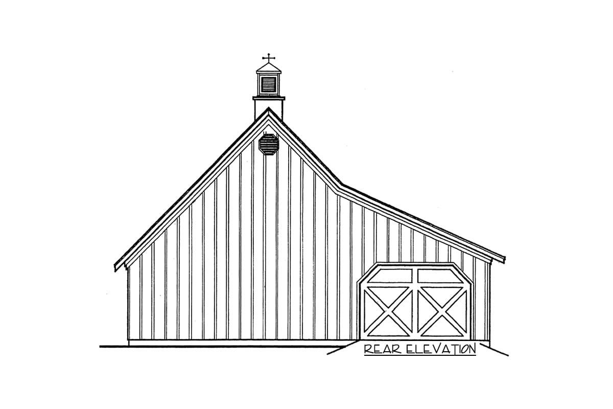 Rear elevation drawing of a barn-style structure with a cupola, gambrel roof, and carriage-style garage door.