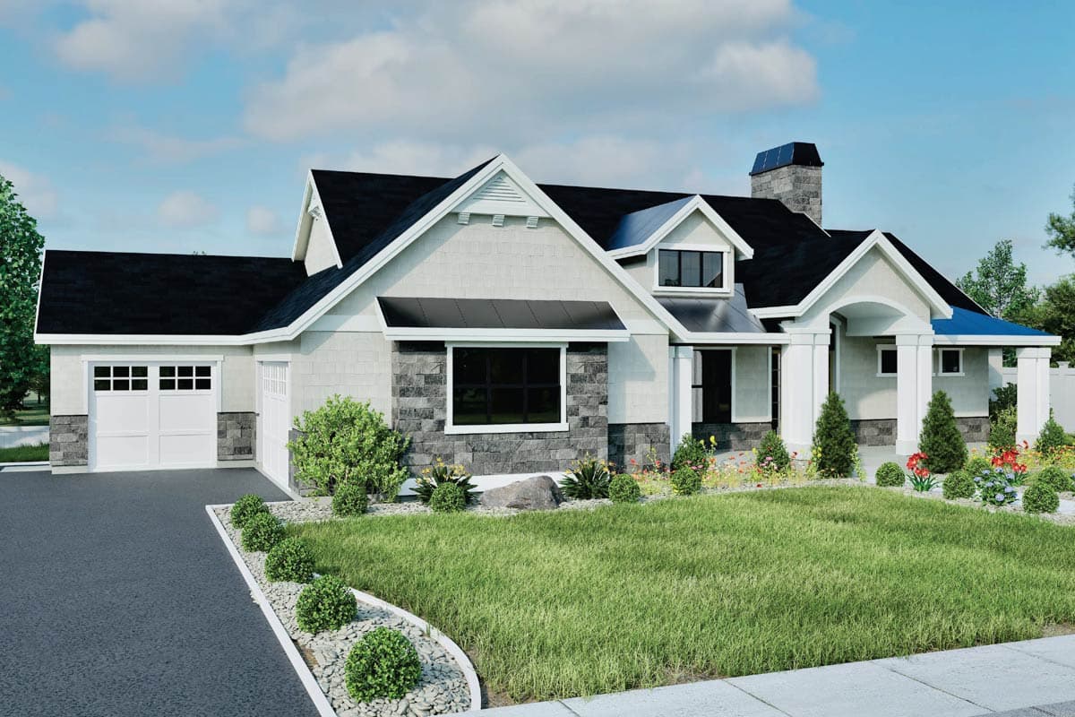 House plan exterior: Single-story Modern Farmhouse with attached garage, prominent gables, stone accents, and covered entry.