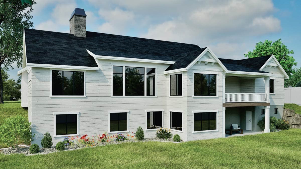 House plan exterior, two stories, white siding, stone chimney, gabled roof, covered balcony, and multiple windows.