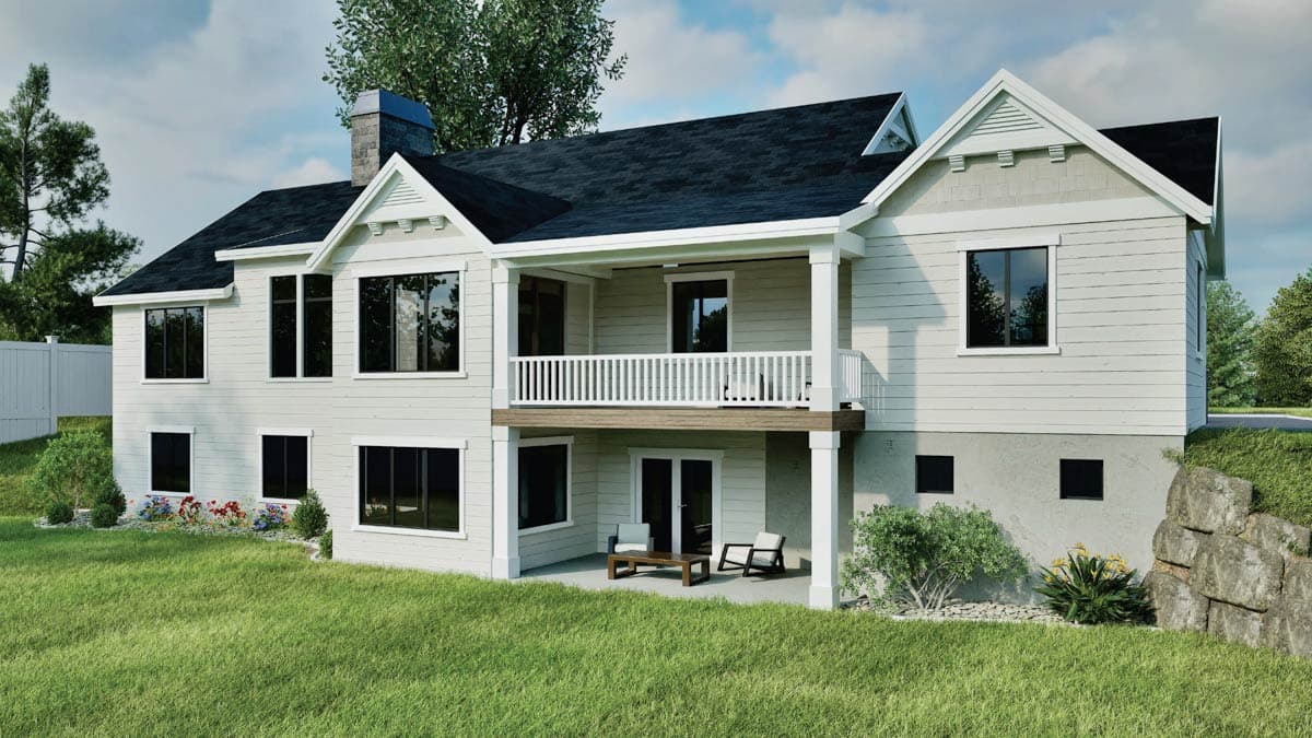 House plan exterior: two-story home with gables, a covered upper balcony with railing, and a walk-out lower level.