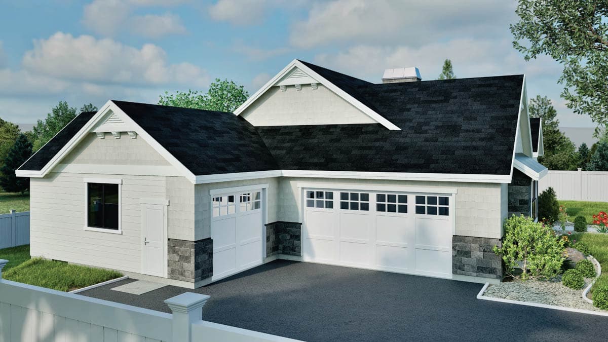 House plan exterior with gable detailing, shingle siding, stone base, and two-car garage with windowed doors.