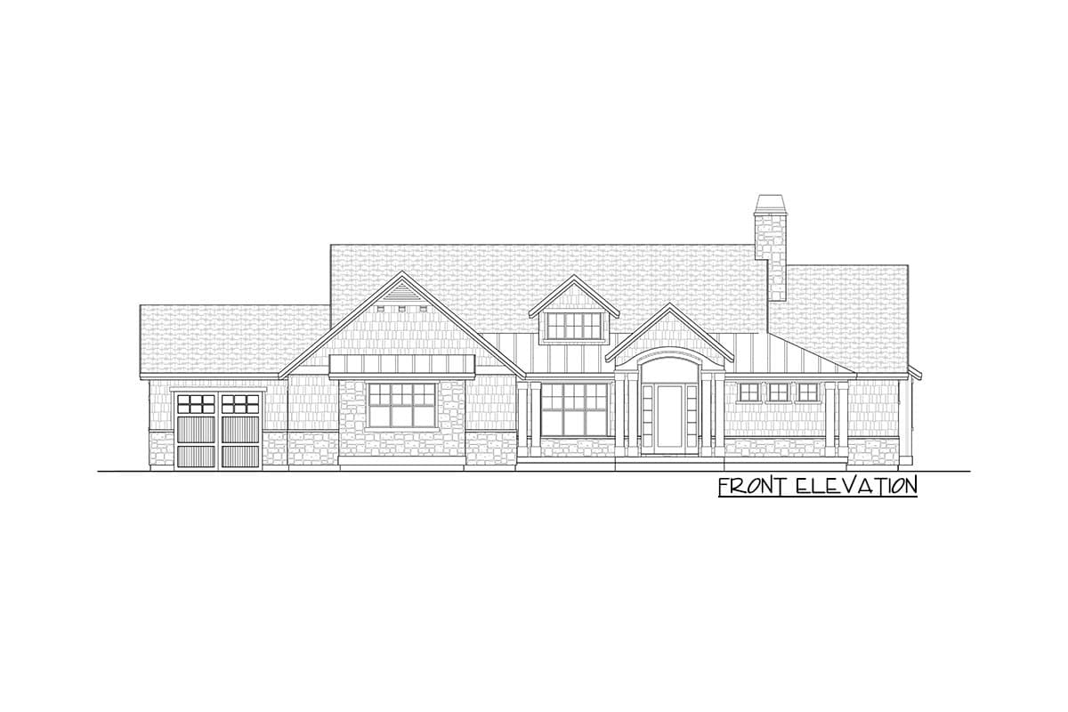 Front elevation drawing of a single-story house plan with attached garage, gabled dormer, porch, and stone and shingle exterior.