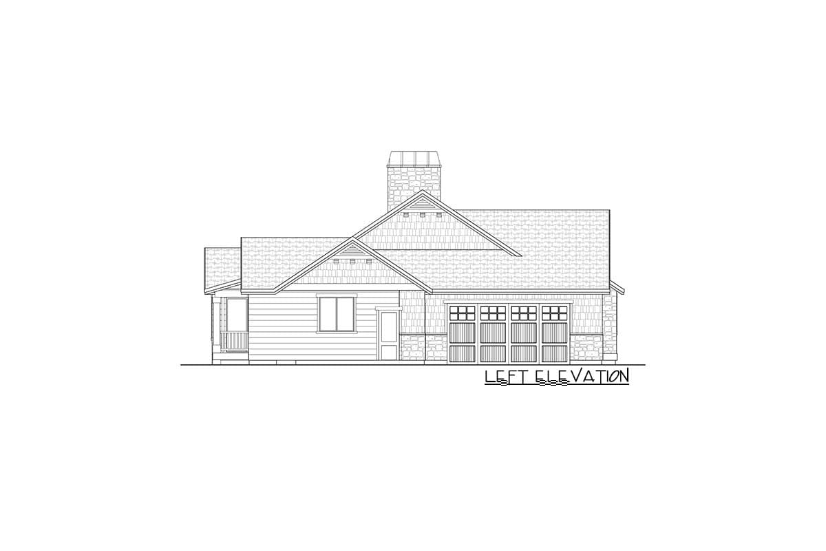 Left elevation house plan showing a one-story home with a gabled roof, stone chimney, porch, and a two-car garage.