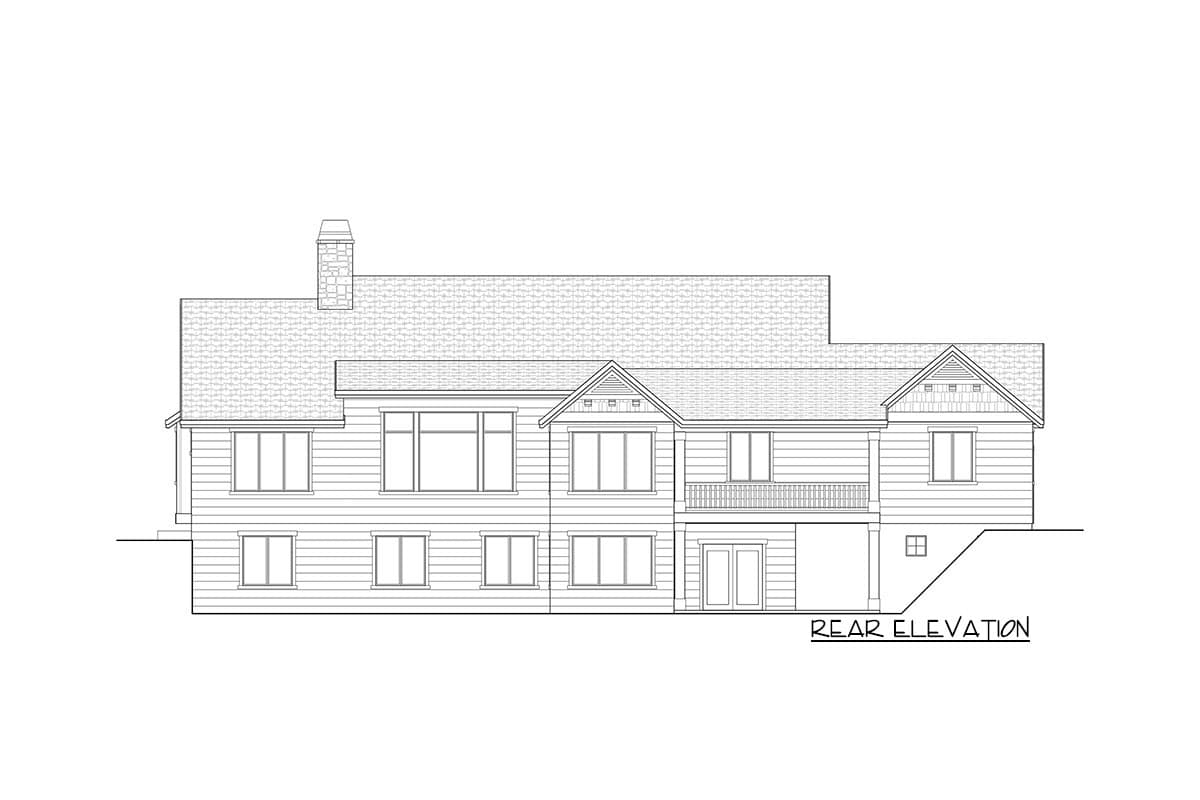 Rear elevation drawing of a two-story house plan featuring a prominent chimney, varied window sizes, and a balcony.